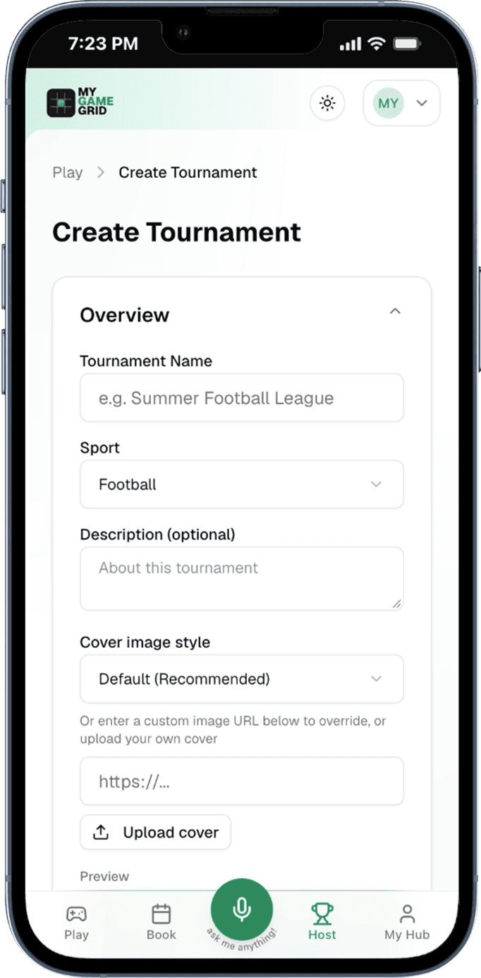 Host dashboard with Game and Tournament create buttons, hosting stats, and pending team approvals