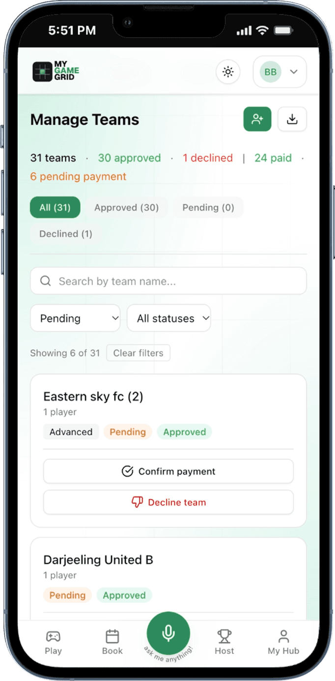 Manage participants view with co-host controls, scoring access policy, and payment approval states