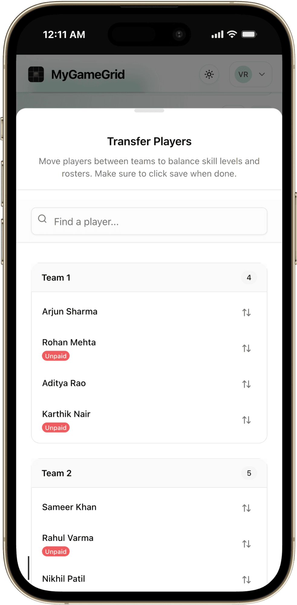 Smart Team Balancer and Roster Transfer Modal showing skill ratings