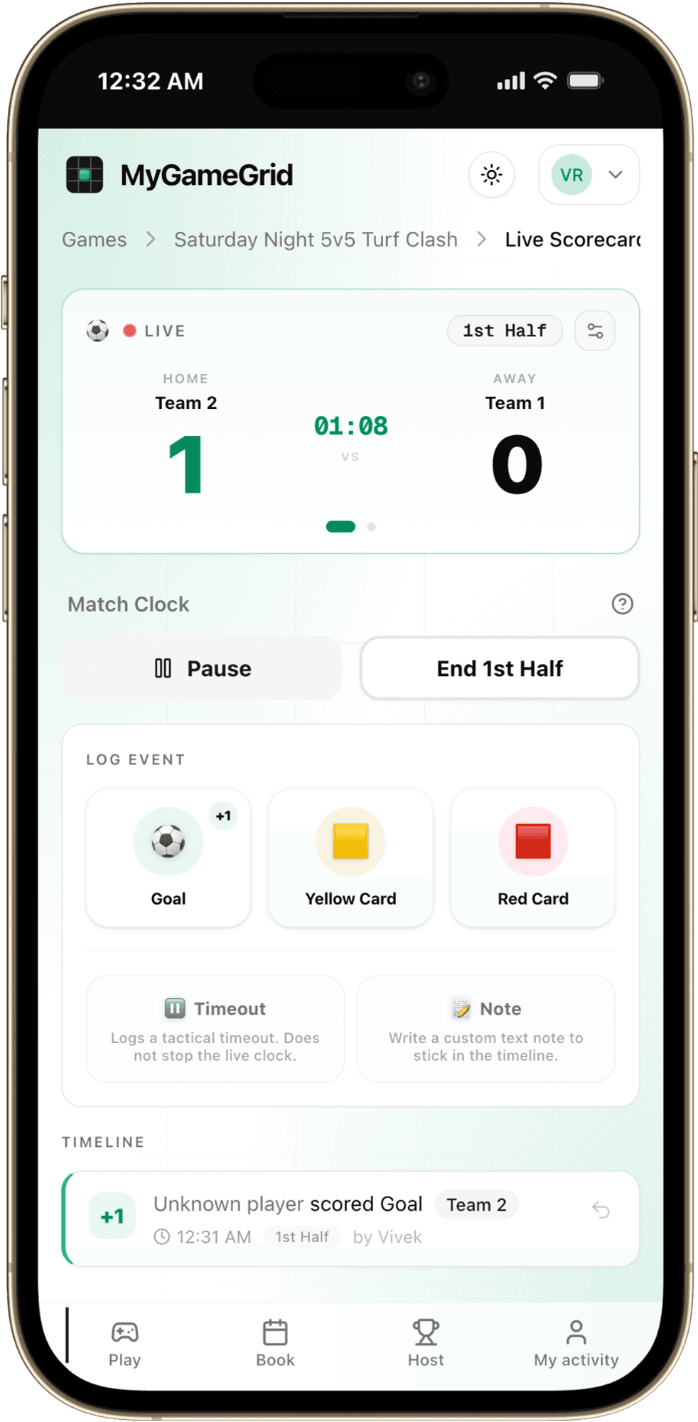 Live scorecard showing Whitefield Gunners 2–1 Koramangala FC in the second half with quick-log buttons and latest events