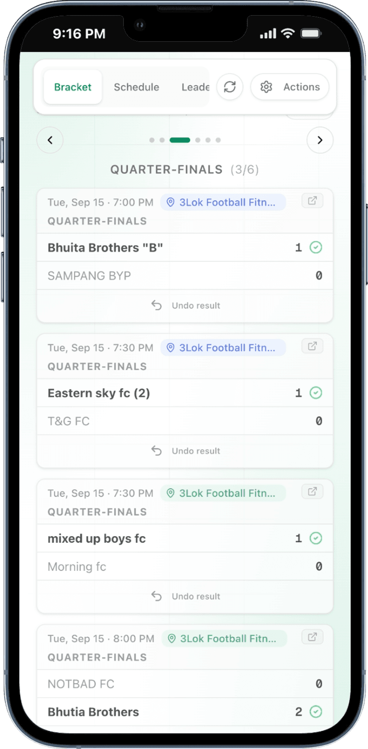 Knockout bracket with semi-final results leading to an upcoming final between Gunners and Koramangala