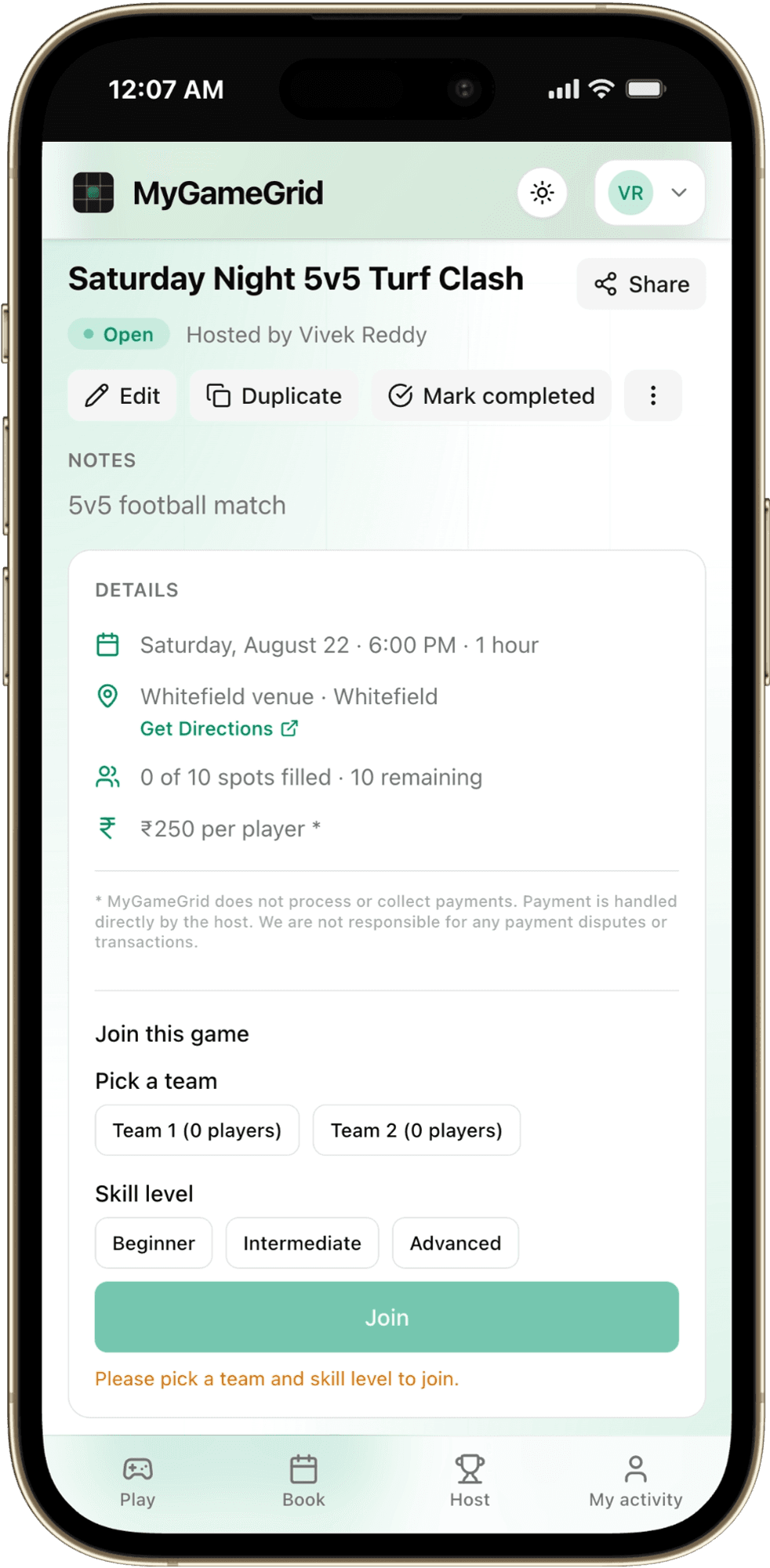 MyGameGrid app on iPhone showing a game lobby with venue, time, spots left and a Join button