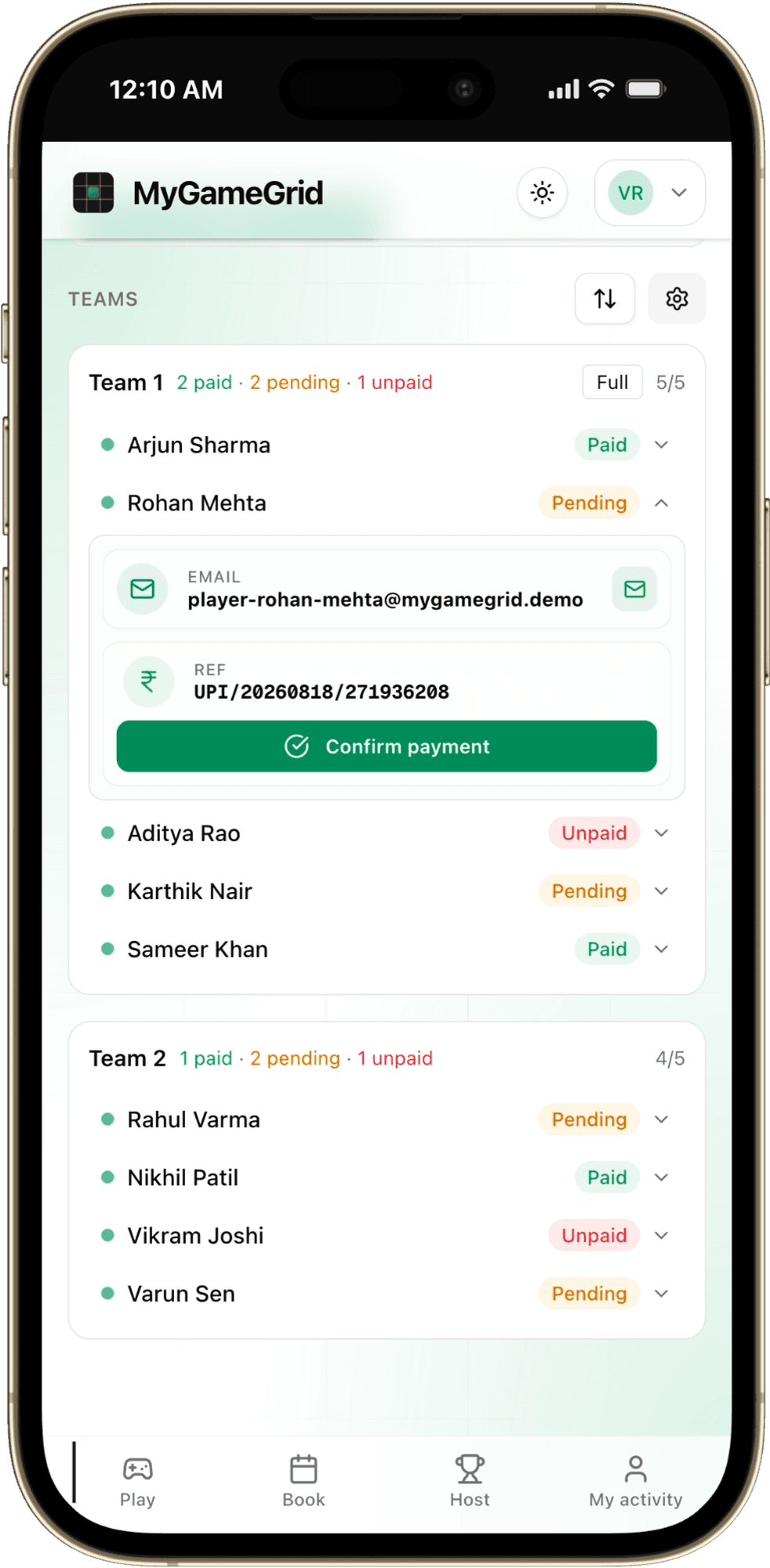 MyGameGrid app on iPhone showing UPI payment verification for a game
